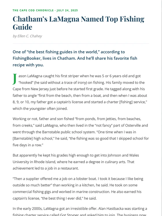 Cape Cod Chronicle feature: Chatham&rsquo;s LaMagna Named Top Fishing Guide